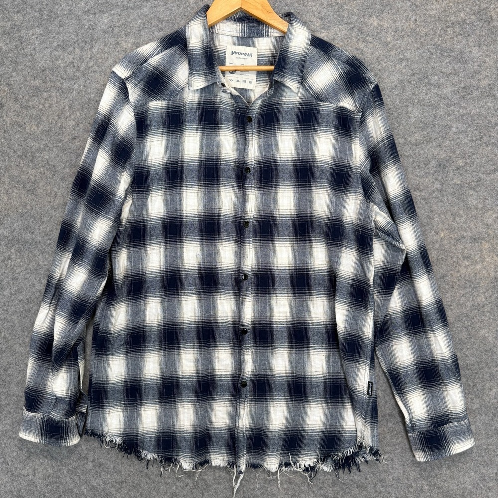 YoungLA Western Snap Flannel Shirt Mens XL Blue Plaid Distressed Hem Raw Cut